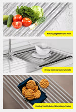 Roll Up Dish Rack Drainer Over Sink Stainless Steel Plate Holder Stand With Tray