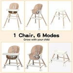 Bopeep Baby High Chair 6-In-1 Removable Seat and Trays Adjustable Height Grey