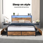 Levede Double Bed Frame Industrial RGB LED Drawers Storage Headboard USB Charge