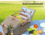 4 Person Picnic Basket Baskets Set Outdoor Blanket Willow Deluxe Folding Handle