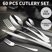Tableware Cutlery Set Stainless Steel Knife Fork Spoon Kitchen Child Silver 60PC