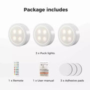 Emitto 3x RGB LED Under Cabinet Puck Lights Remote Control Kitchen Display Lamp