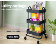 Levede 3 Tiers Kitchen Trolley Cart Steel Storage Rack Shelf Organiser Grey