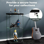 Stacked Display Cabinet Collection Storage Tempered Glass 2 Tier With Lock Black