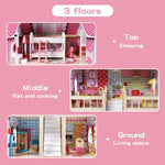 Bopeep Wooden Doll House 3 Floor Kids Girl Dollhouse Full Furniture Pink 90cm