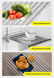Roll Up Dish Rack Drainer Over Sink Stainless Steel Plate Holder Stand With Tray