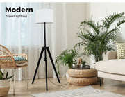 Emitto Floor Lamp Modern Tripod Night Reading Light Wooden Stand Black Shaded