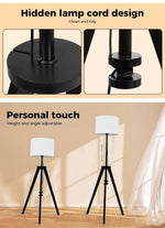 Emitto Floor Lamp Modern Tripod Night Reading Light Wooden Stand Black Shaded