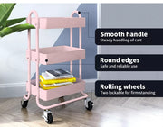 Levede 3 Tiers Kitchen Trolley Cart Steel Storage Rack Shelf Organiser Pink