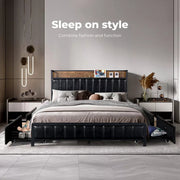 Levede Queen Bed Frame PU Mattress Base Storage Drawer Headboard USB Charge