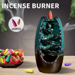 Incense Burner Waterfall Backflow Smoke Mountain Ceramic Cone Holder + 10 Cones