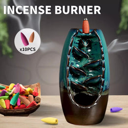Incense Burner Waterfall Backflow Smoke Mountain Ceramic Cone Holder + 10 Cones