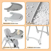 Bopeep Baby High Chair Folding Double Trays Adjustable Height Wheel Eating