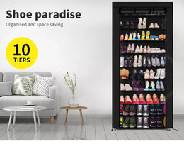 Levede 10 Tier Shoe Rack Portable Storage Cabinet Organiser Wardrobe Black Cover