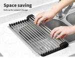 Roll Up Dish Rack Drainer Over Sink Stainless Steel Plate Holder Stand With Tray