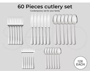 Tableware Cutlery Set Stainless Steel Knife Fork Spoon Kitchen Child Silver 60PC