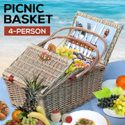 4 Person Picnic Basket Baskets Set Outdoor Blanket Willow Deluxe Folding Handle