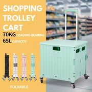 65L Foldable Shopping Trolley Camping Cart Grocery Basket Rolling   White & Grey