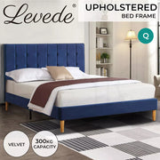 Levede  Queen Bed Frame Velvet Mattress Base Platform Wooden Headboard Blue