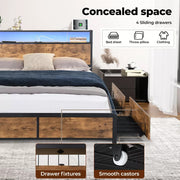 Levede Double Bed Frame Industrial RGB LED Drawers Storage Headboard USB Charge