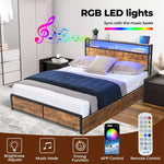 Levede Double Bed Frame Industrial RGB LED Drawers Storage Headboard USB Charge