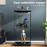 Stacked Display Cabinet Collection Storage Tempered Glass 2 Tier With Lock Black