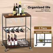 Levede Vintage Bar Cart - Wooden Mobile Drink Trolley with Wine Rack for Parties