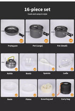 Toque 16Pcs Camping Cookware Set Outdoor Hiking Cooking Pot Pan Portable Picnic