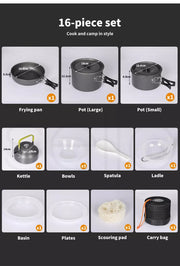 Toque 16Pcs Camping Cookware Set Outdoor Hiking Cooking Pot Pan Portable Picnic