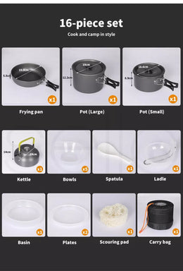 Toque 16Pcs Camping Cookware Set Outdoor Hiking Cooking Pot Pan Portable Picnic